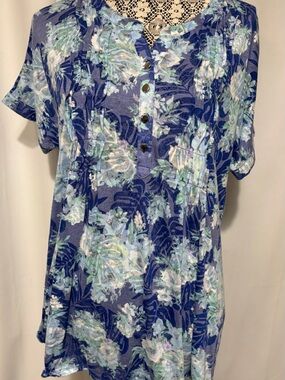 Cocomo Tropic Sz XL Blue Tropical Floral Short-Sleeve Henley Tunic Blouse